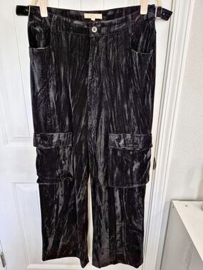 Chelsea & Violet Crushed Velvet Cargo Pants Black Wide Leg Buckle Waist Size M